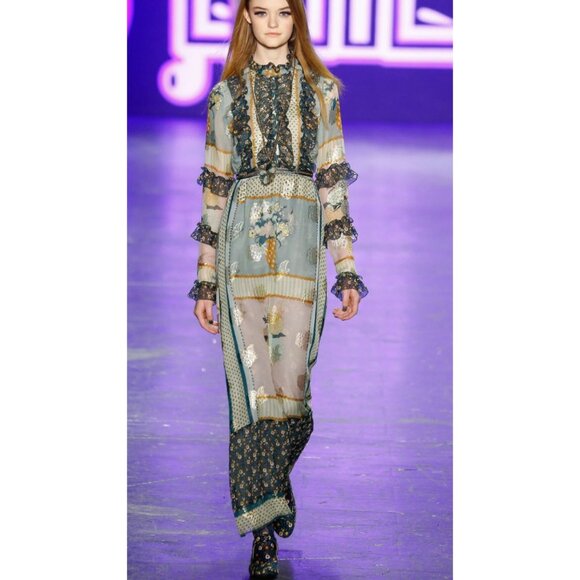 Anna Sui Patchwork Bouquet Maxi Dress Jade Multi Floral Print Fall '16 Size 2 - Picture 1 of 6
